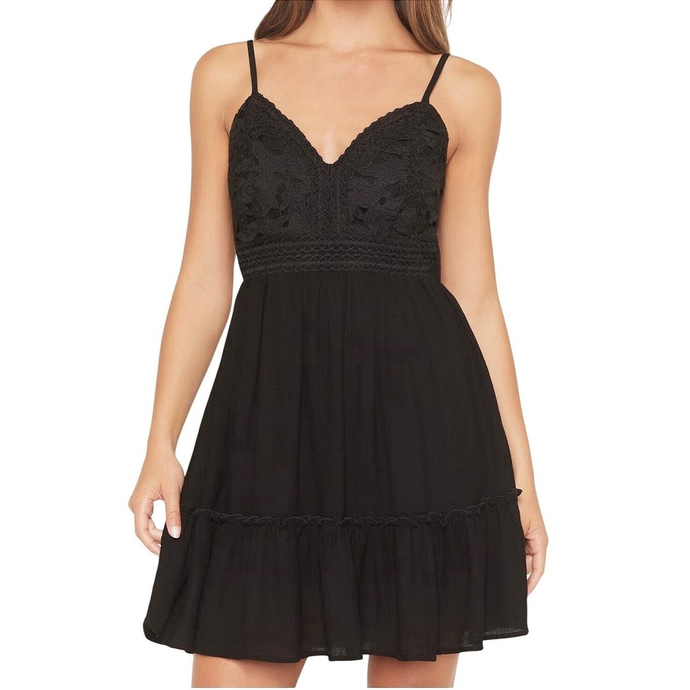 Black Crochet Lace Tie Back Tiered Ruffle Mini Dress Western Boho Sleeveless
